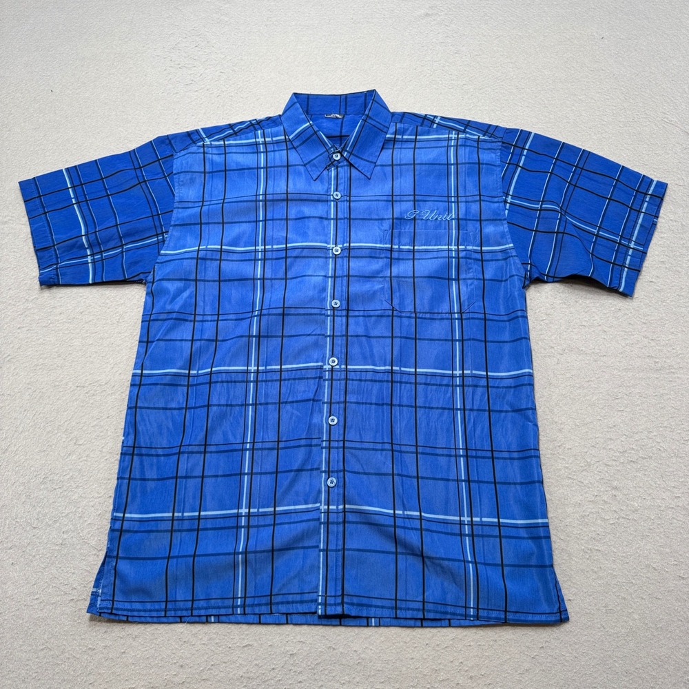 Y2K G-Unit Shirt Mens XL Blue Plaid Short Sleeve Button Down Heavyweight 50 Cent